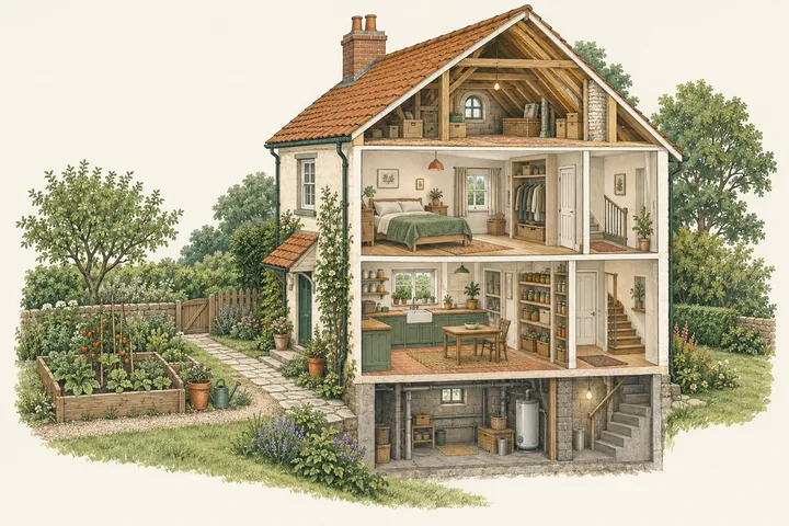 Conceptual house cutaway with rooms and garden