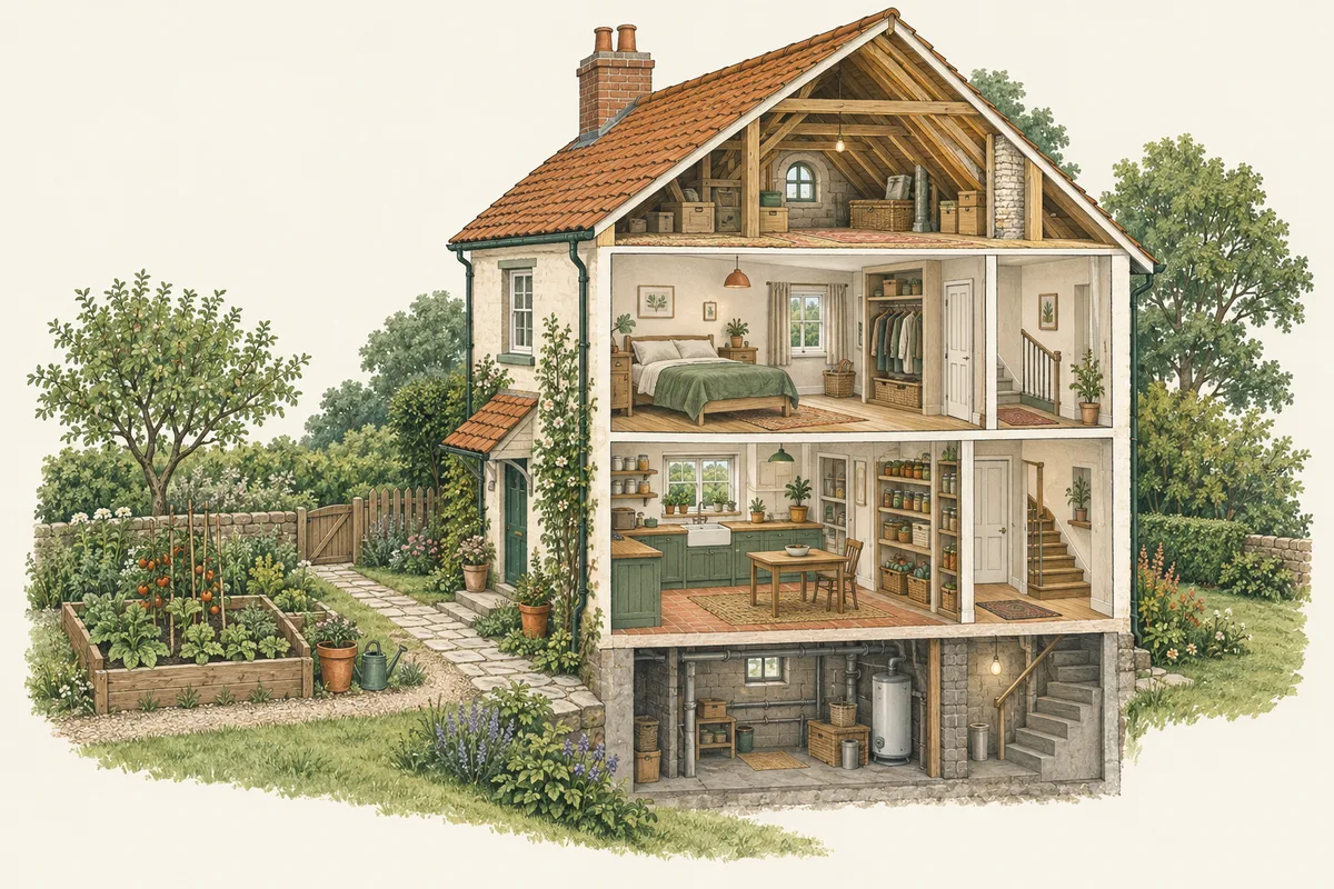 Illustrated cutaway house showing an attic, bedroom, kitchen, basement and garden as places to inspect